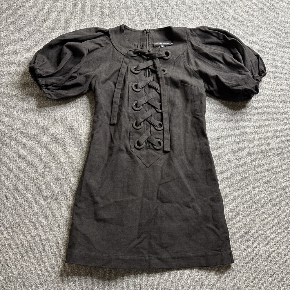 English Factory Lace Up Puff Sleeve Mini Dress Women's Small Black Luxury